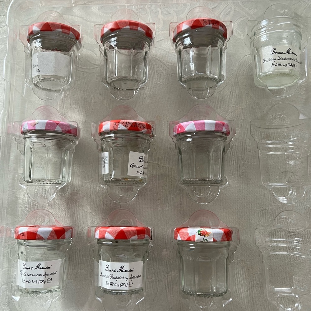 Set of Mini Bonne Maman Glass Jars with Red Checkered Lids (9).